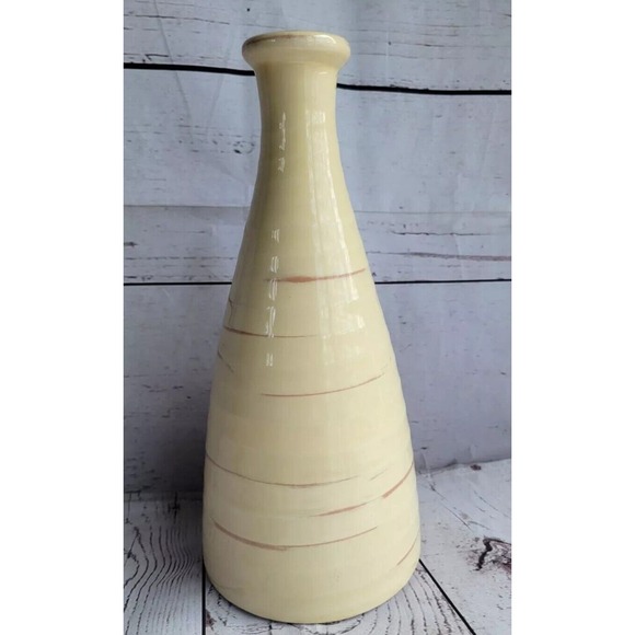 Ethan Allen Pottery Cream Colored Brown Streaks Ribbed Vase Made In Italy 12 In - Picture 1 of 7